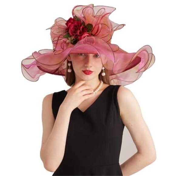 Women\'s Derby Church Hat Organza Flower Fascinator Wide Brim Sun Hat main image 5